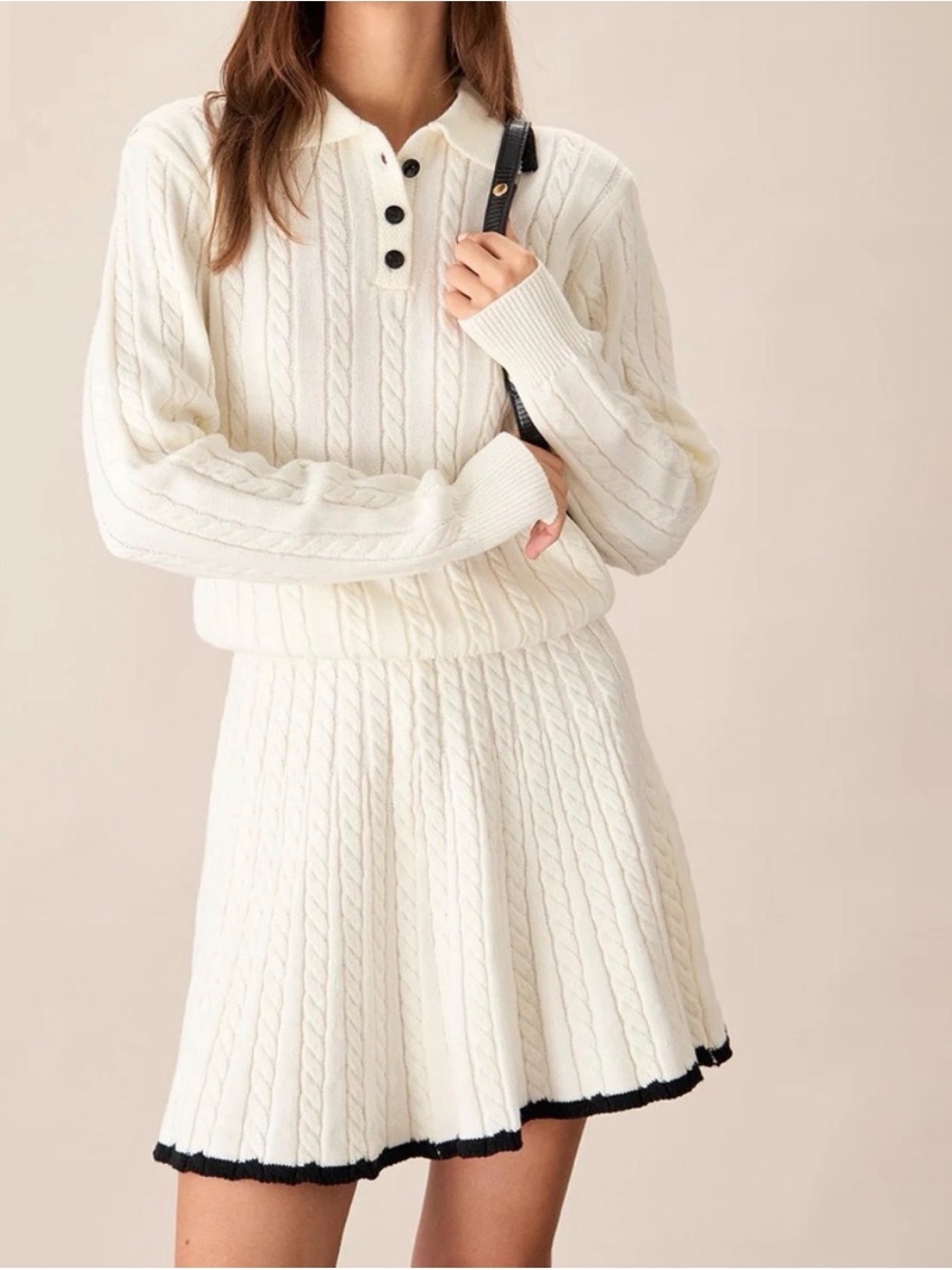 RIHOAS Ivory Cable-Knit Skirt Set with Black Trim